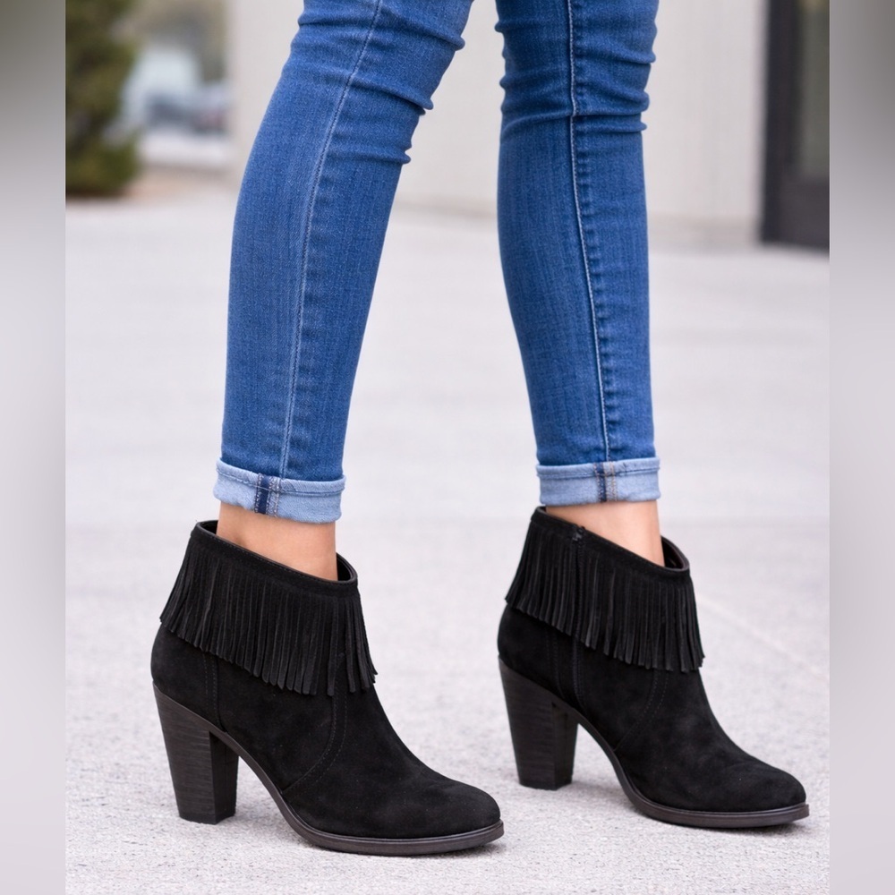 JOIE Black Leather Suede Fringe Trim Western High Heel ankle Short Booties EU 38